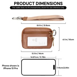 YDF Brown Mini Zip Card Case for Women with Clear ID Window, Coin Purse, Lightweight Small Zipper Wallet Portable Organizer
