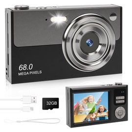 Digital Camera - 68MP Autofocus with 2.8" LCD Screen 16X Digital Zoom Anti-Shake Photography Vlogging Compact Photo Camera with 32gb SD Card for Kids Students Beginners Teens (Black+Grey)