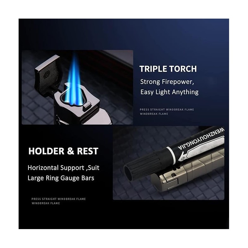 PROMISE Metal Lighter Triple Jet Flame Refillable Butane Lighter Windproof