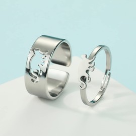 Chereda 2PCS Matching Cute Animals Promise Engagement Rings for Couples Men Women Jewelry Band Sets 316L Stainless Steel Adjustable Open Ring (Monkey-s, Adjustable)