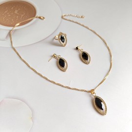 Crystal Necklace Earrings Sets Vintage 4Pcs Rhinestone Teardrop Ring Jewelry Sets for Women (Black)