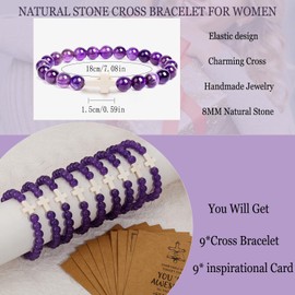 COLOYAN 9Pcs Cross Natural Stone Bracelets for Women, 8mm Stone Beaded Cross Bracelet for Mother Grandma Wife, with 9 Meaningful Card Inspirational, Adjustable, no gemstone