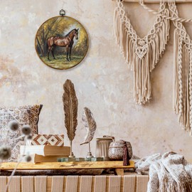 shiviody Vintage Horse Canvas Wall Art Decor, Country Brown Horse Wall Art Decor, Classic Horses Round Hanging Frame Prints Decorations for Farmhouse Bathroom Bedroom Living Room 10"x10"