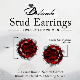 Belinda Jewelz Women's Earring Red Natural Garnet Gemstone Stud Earrings 925 Sterling Silver Round 7mm Gems Solitaire Rhodium Prong Jewelry