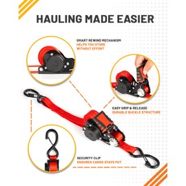 Strapinno Retractable Ratchet Straps - 1 in x 12 ft Heavy Duty Tie Downs, 1800lbs Breaking Strength Each, S Hooks with Safety Clip, AutoRetract, for Moving, Motorcycle, Boat, Kayak, and Cargo (2)