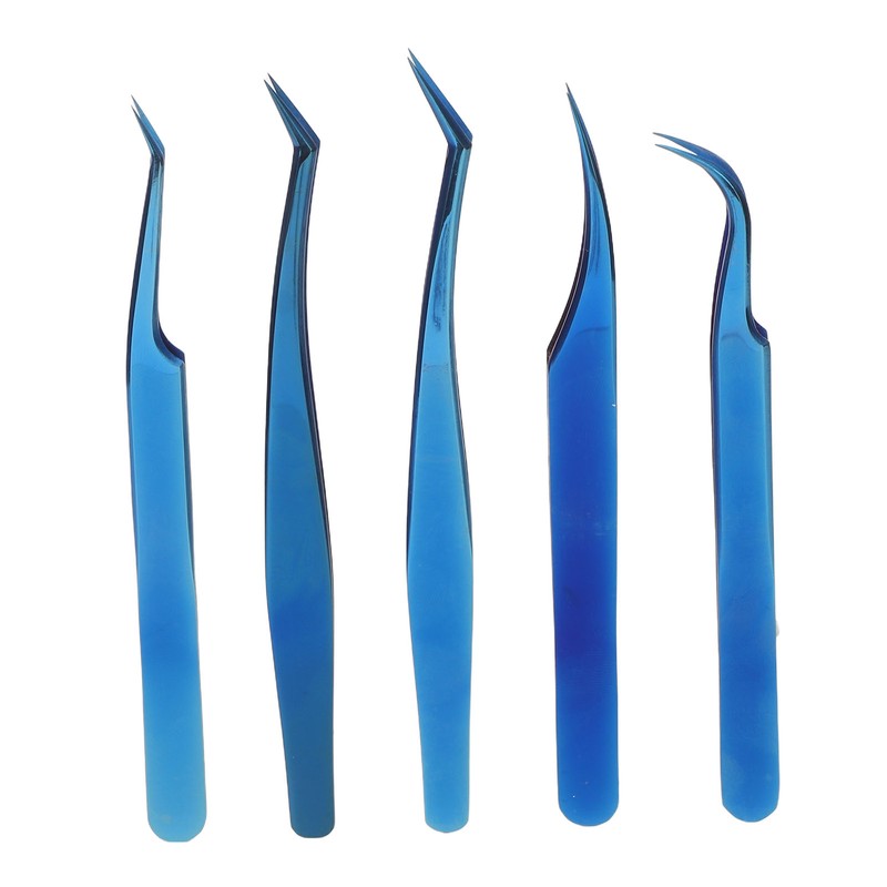 8pcs Eyelash Tweezers Stainless Steel Fine Tip Ergonomic Blue Titanium