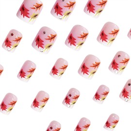 Vopintpy Maple Leaf Thanksgiving Press on Nails Short Square Fake Nails White French Tip Acrylic Nails Autumn Maple Leaves Glue on Nails with Rhinestones Design Reusable Stick on Nails for Women