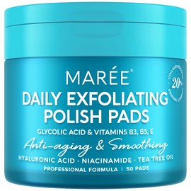 MAREE Glycolic Acid Polishes - Toner Pads for Face Cleansing - Tea Tree Oil, Salicylic Acid & Vitamins E, B3, B5 - Facial Peel & Radiance Deep Cleaning Effect - 50 Count