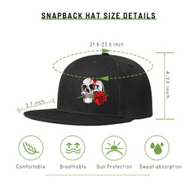Snapback Hats for Men Cool Flat Bill Hats Skull Skateboards Hat Flat Brim Hats for Boy Snap Back Black Hat with Skull and Rose Adjustable Men's Horror Devil Baseball Cap