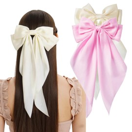 Hair Bows for Women Oversized Bow Hair Clips with Long Tail Large Silky Satin Hair Bowknot Vintage Hair Accessories for Women (Pink and White)