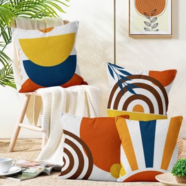 Boho Cushion Cover, 45 x 45 cm, Set of 4, Hnmdmyi Mid Century Abstract Leaf Rainbow Decorative Cushion Covers, Burnt Orange, Modern Geometric Minimalist Linen Cushion Cover for Sofa, Couch, Home Decor