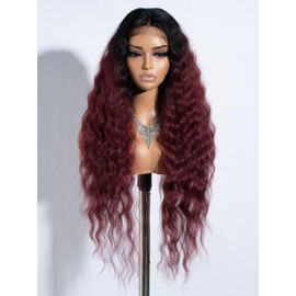 Joedir Lace Front Wig Long Wavy Wigs for Women 30 Inches Deep Part Cury Wave Wig Natural Looking Synthetic Heat Resistant Fiber Wig for Daily Party Use Ombre Burgundy