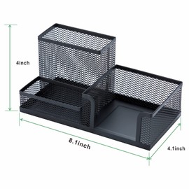 Yunqing 2 Pack Black Pen Holder - Mesh Desk Organizer Office Supplies Caddy with Sticky Notes Holder, 3 Compartments 4 Non-slip Mats Easy Storage Suitable for Office, School, Home