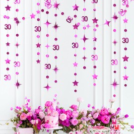 Hot Pink 30 Sign Polka Dot Star Streamer Garland Metallic Hot Pink 30th Hanging Bunting Banner for Dirty 30 Year Old Women Men Happy Thirty Birthday 30th Anniversary Party Decorations Supplies