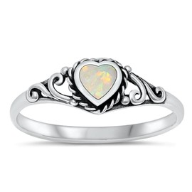 White Simulated Opal Heart Promise Ring .925 Sterling Silver Filigree Band Size 11