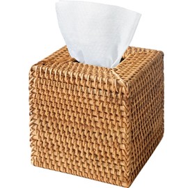 Natural Rattan Tissue Box Cover, Hand Woven Square Wicker Holder for Facial Tissues, Wicker Napkin Holder Ideal for Bathroom Living Room, Tissue Holders Decorative for Kitchen Office and Desk