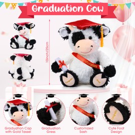 Chalyna 10 Inch Graduation Season Cow Plush Stuffed Animal Cow with Hat, Diploma and Sash, Graduation Gift Decoration for Friend Relatives Party(Red)