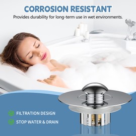 NileHome Universal Bathtub Drain Stopper, Tub Stopper Bathtub Drain, Pop Up Tub Drain Hair Catcher, Replaces Bath Tub Lift and Turn, Tip-Toe and Trip Lever