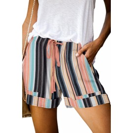 QUEEN PLUS Women's Relaxed Lightweight Elastic Waist Drawstring Summer Shorts Lounge Pants with Pockets Retro Stripe XL