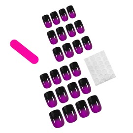 24Pcs Press On Nails Short Square Fake Nails Black Purple Nails Press Ons With Gradient Designs Acrylic Nails Full Cover False Nails Glossy Glue On Nails Short Stick On Nails For Women