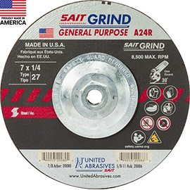 United Abrasives-SAIT 20086 A24R General Purpose/Long Life Grinding Wheel (Type 27/Depressed Center) 7" x 1/4" x 5/8-11",10-Pack