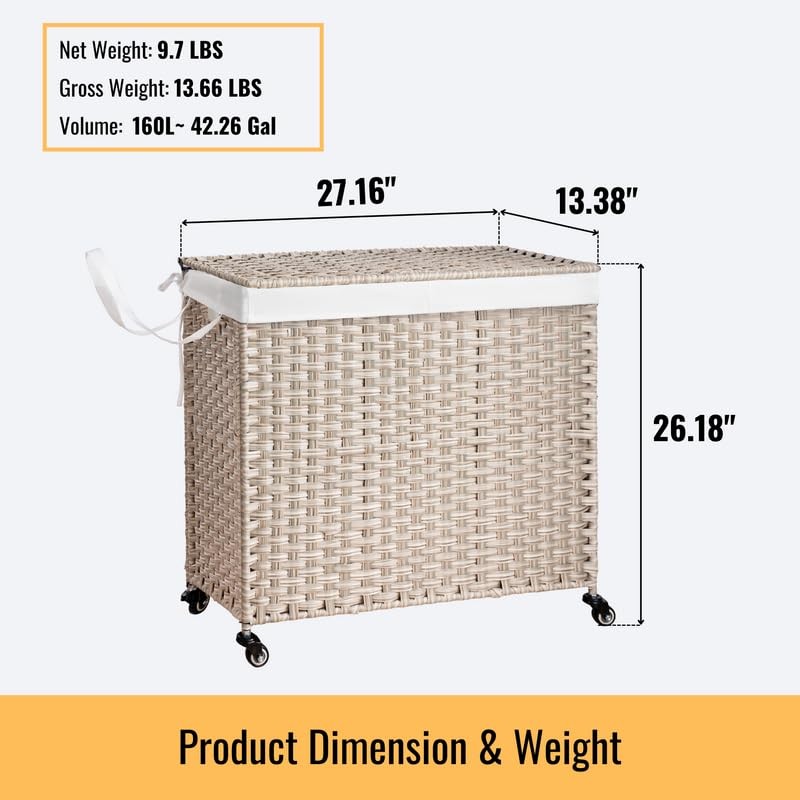 Polibi 160L Multi-Purpose Laundry Hamper with Lid & Removable Bags,