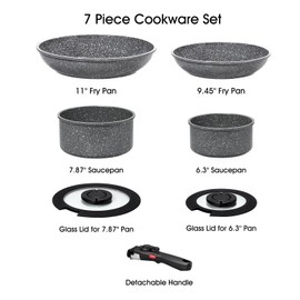 ROSSETTO 7pcs Pots and Pans Set Non Stick from France, Ceramic Cookware Set with Removable Handle, Induction RV Kitchen Cookware Set, Stackable, PFOA and PFAS Free, Oven Safe, Black Granite