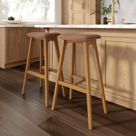 Plank+Beam Beryl Bar Height Stool - Mid-Century Modern Rubberwood Bar Stool with Faux Leather Seat, Metal Footrest, Easy Assembly, 2-Pack, Pecan/Toffee