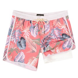 SURF CUZ Mens Swim Trunks with Compression Liner 5" Swimming Trunks 5 Inch Retro Swim Shorts with Zipper Pockets,Aloha,L