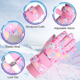 Waterproof Kids Winter Gloves Cartoon Boys Girls Snow Mittens Warm Outdoor Ski Gloves with Fleece Lining (Pink, 7-9 Years)