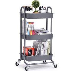 TOOLF Utility Rolling Cart with Lockable Wheels,Multi-Purpose Storage Organizer,Organizer Trolley with Handles,Serving Trolley with Mesh Basket for Home,Office,Kitchen,Bathroom(Grey)