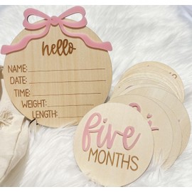 Monthly Baby Milestone Cards for Girls – 13 Wooden 3D Milestone Discs with Hello World Birth Announcement Sign – Newborn Photo Props for Baby Girl