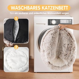 CUEMOON Fluffy Cat Bed, Round, Soft Plush, Small Dogs and Cats Pet Bed, Washable, Non-Slip Dog Beds, Long Plush Thickened Warm Dog Basket, Sleeping Pillow, Non-Slip, Grey