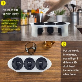 Kidac 3D Moldes Hielo Silicona Calavera Cráneo Bandeja Hielo Grande Sin BPA Grado de Comida (1 Juego de 3 Moldes de Silicona Skull Diferentes)