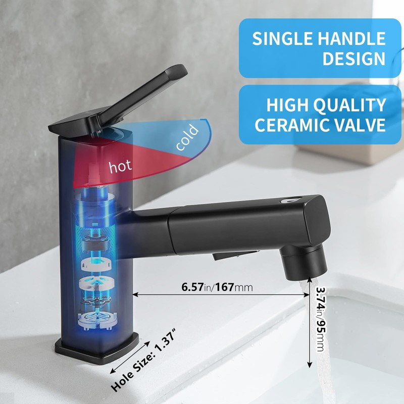 HANLIAN Single Hole Pull Out Faucet for Bathroom Sink, Black