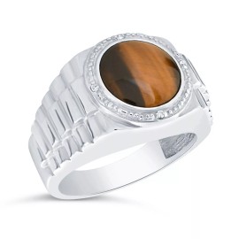 Unbranded Sterling Silver Round Cab 11mm Genuine Tiger's Eye & Diamond Men's Ring