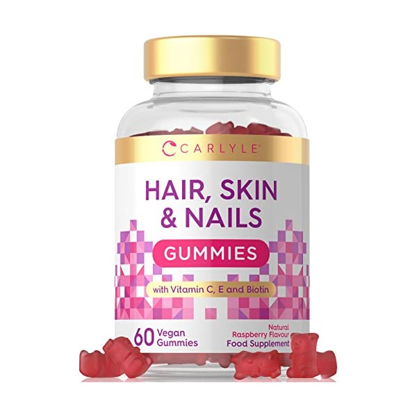Hair, Skin & Nails Vegan Gummies | 5000mcg Biotin | + Vitamins A, B12, B6, C, D, E, Zinc | 60 Raspberry Gummy Bears | Natural Flavouring | No Artificial Preservatives | by Carlyle