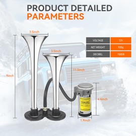 GAMPRO Upgrade 150DB 12V Air Horn kit, Chrome Zinc Dual Trumpet with Compressor forAny 12V SUV Motorcycle Trucks Pickup Lorries Trains Cars Boats