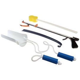 Sammons Preston Economy Hip Kit II, 4-Piece Kit Includes 32" Easireach II Reacher, 16.5" Plastic Shoehorn, Sock Aid with Built-Up Handles & Contoured Bath Sponge, Dressing Aids & Self-Care Tools
