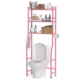 GloTika 3-Tier Over The Toilet Storage, Space Saver Metal Bathroom Shelves, Freestanding Above Over Toilet Storage Shelf with 4 Hooks for Bathroom, Pink