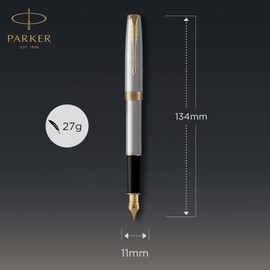 Parker Sonnet penna stilografica | acciaio inossidabile con finiture in oro | pennino sottile | Confezione regalo
