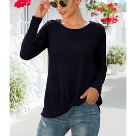 Neineiwu Womens Loose Blouse Long Sleeve T Shirts Twist Knot Casual Tops (Small, Navy Blue)