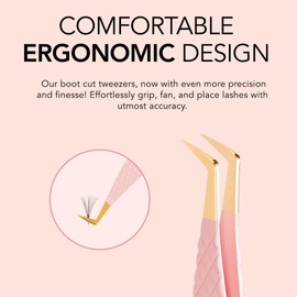 KIARA SKY LASH Tweezer for Eyelash Extensions | Precision Fiber Tip Grip | Volume, Mega Volume, and Lash Removal Fills | Comfortable Ergonomic Design | Pink and Gold, BOOT TWEEZER