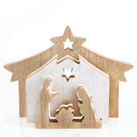 Logbuch-Verlag Small Wooden Nativity Scene Table Nativity Figure Mary Joseph Jesus Child in Stable Nature White 20 x 14 cm
