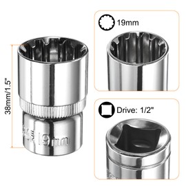 HARFINGTON 12 Point Socket 1/2" Drive by 19mm Metric Shallow Socket Chrome Vanadium Steel 12-Point Standard Sockets Mechanic Hand Tool for Car Repair Mechanical Maintenance Home Use