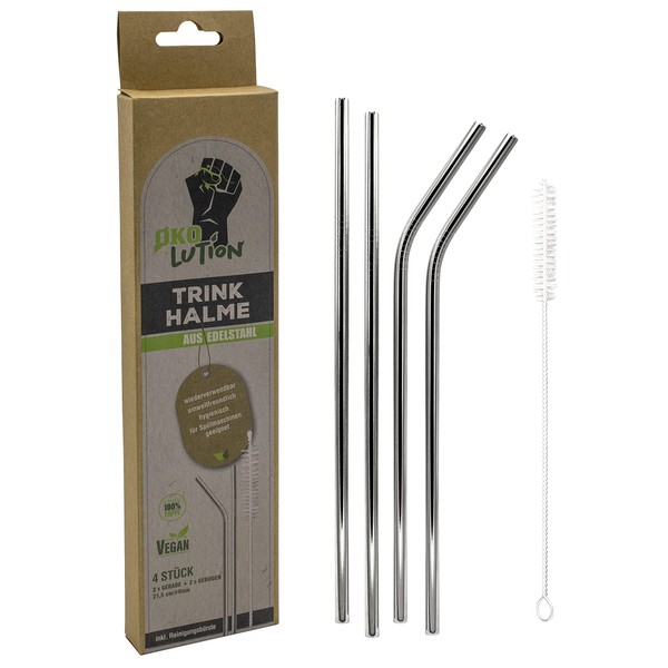 Ökolution Stainless Steel Drinking Straws, 4 Pieces with Cleaning Brush, 2 Straight and 2 Bent Reusable Straws, Length 21.5 cm