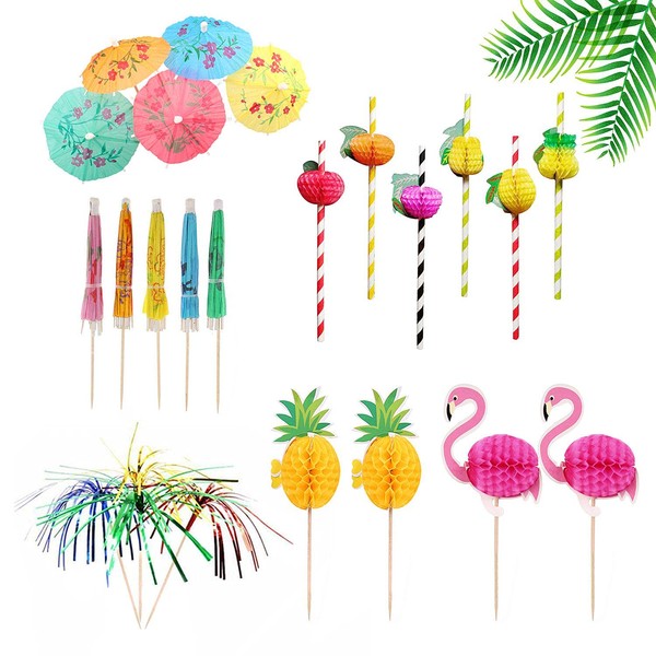 125 Piece Cocktail Party Decoration Drinks Accessory Pack with Umbrellas, Sparkle Fireworks, Biodegradable Straws for Drinks Wedding Party Food Drink Decorations Cocktail Accessories,Mixed Color