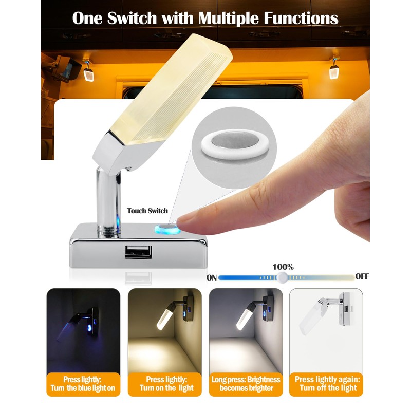 1 Pack 12V RV Reading Light with USB Port -
