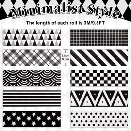 Whaline 10 Rolls Geometry Washi Tape Black White Washi Masking Tape Checkered Plaids Stripes Stars Decorative Paper Stickers for Birthday Scrapbook Gift Wrapping DIY Art Crafts