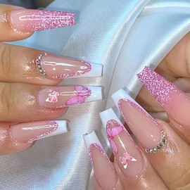 24 Pcs White French Press on Nails Square Medium Coffin Fake Nails Pink Glitter False Nails with Pink Butterflies Rhinestones Design Nude Nail Tips Full Cover Acrylic Glue on Nails for Women